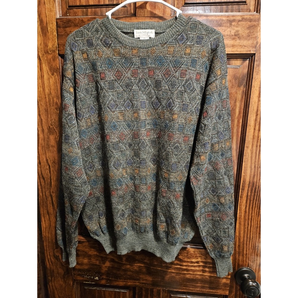 Tricots St Raphael Vintage Pure New Wool 100% Men L Geometric Grandpa Sweater